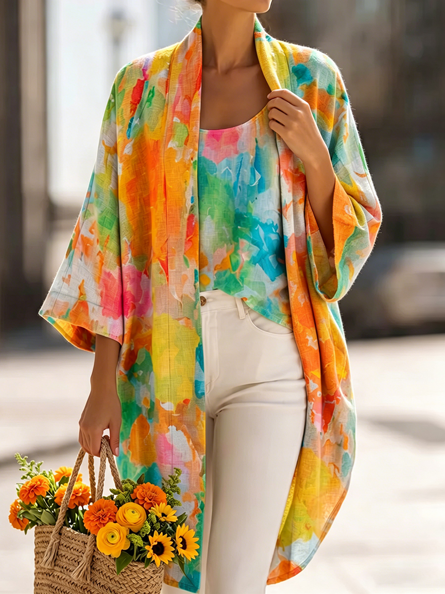 Artistic Watercolor Print Cotton-linen Cardigan & Vest Two-piece Set