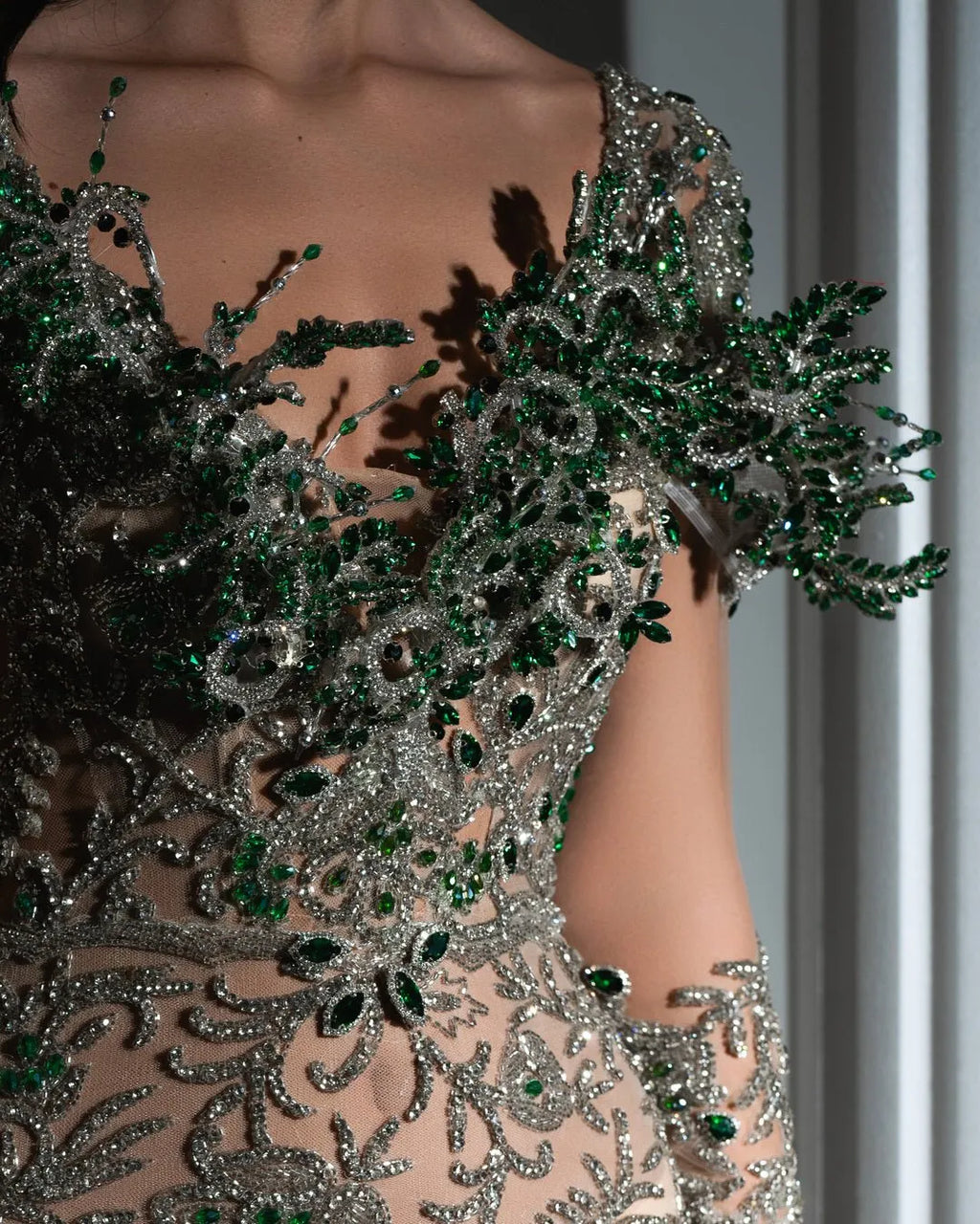 Flavie Silver Dress with Green Crystals and Tassels