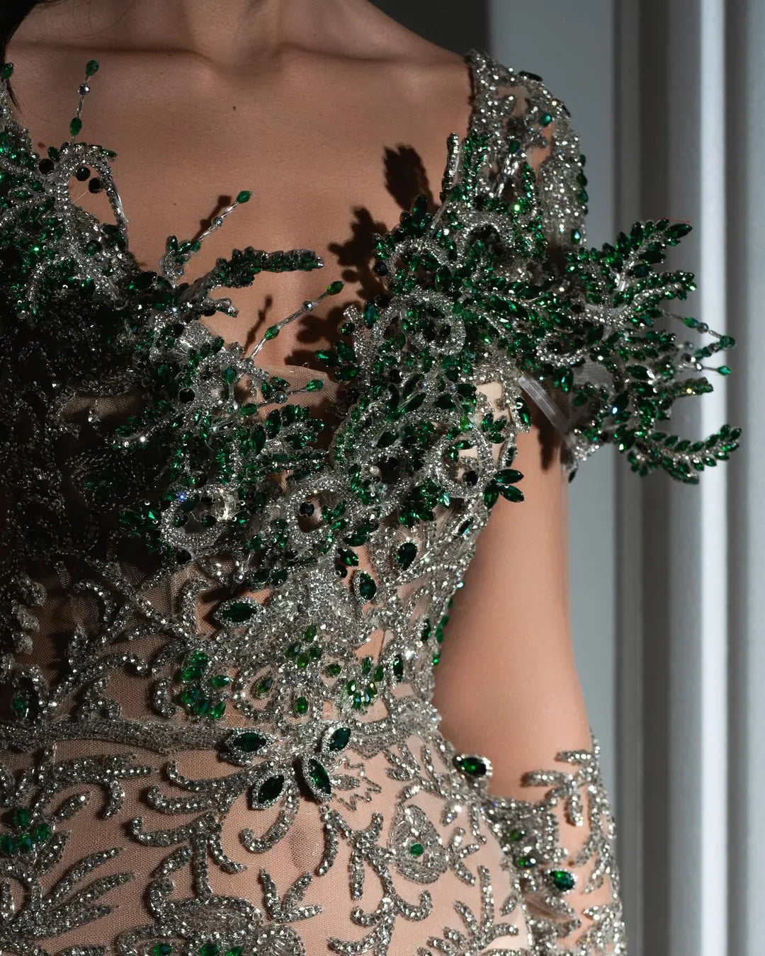 Flavie Silver Dress with Green Crystals and Tassels