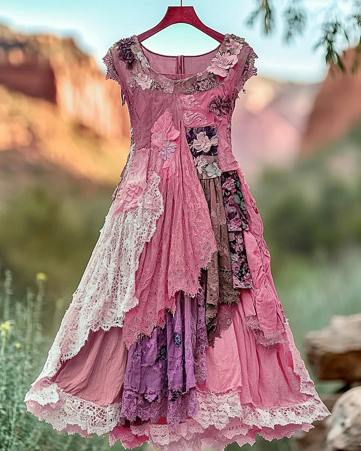 Vintage Floral Embroidered Lace Patchwork Dress b034