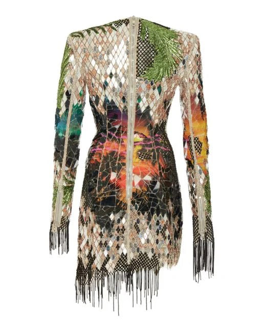 Elegant sequined landscape fringed mini dress