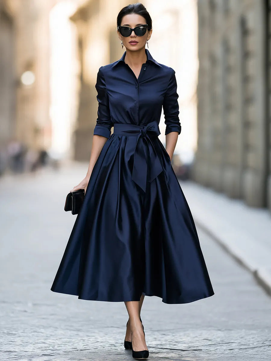 Elegant Navy Satin Shirt Dress with Belted Waist & Full A-Line Midi Skirt