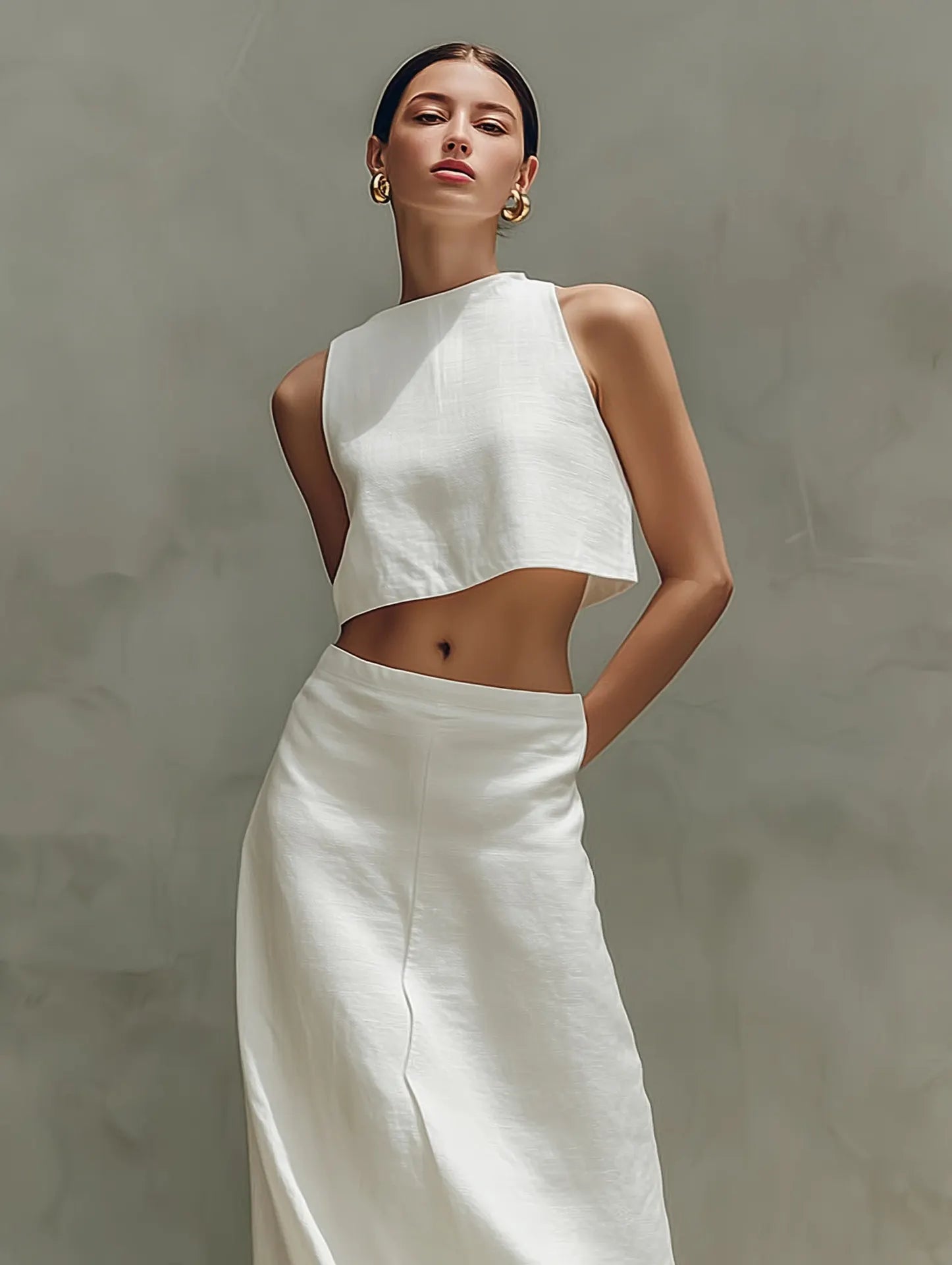 Women's Minimalist Two-Piece Set - Sleeveless Crop Top & High-Waist Maxi Skirt Vacation Outfit