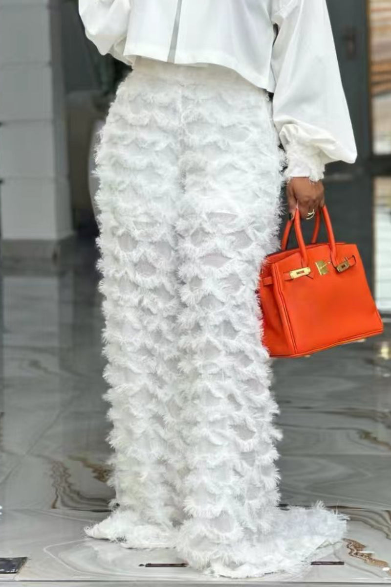 White Lantern Sleeve Top & Feather Tassel Wide-Leg Pants Set