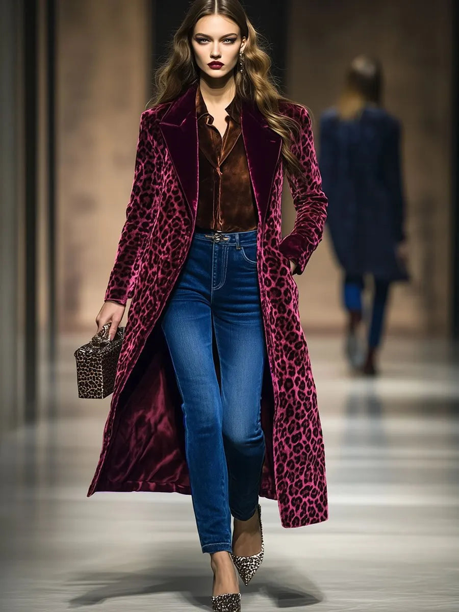 Casual Loose Vintage Velvet Leopard Print Colorblock Lapel Coat