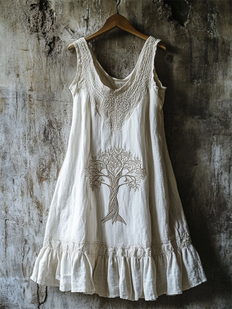 Tree Of Life Lace Patchwork Ruffle Hem Linen Dress