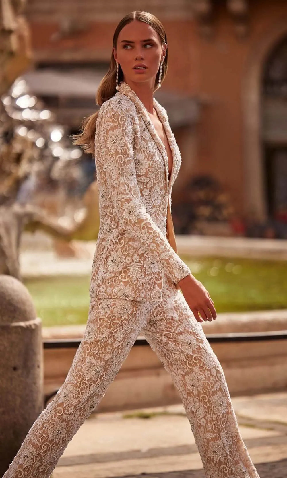 Sherri Hill 55907 - Plunging V-Neck Beaded Lace Pantsuit