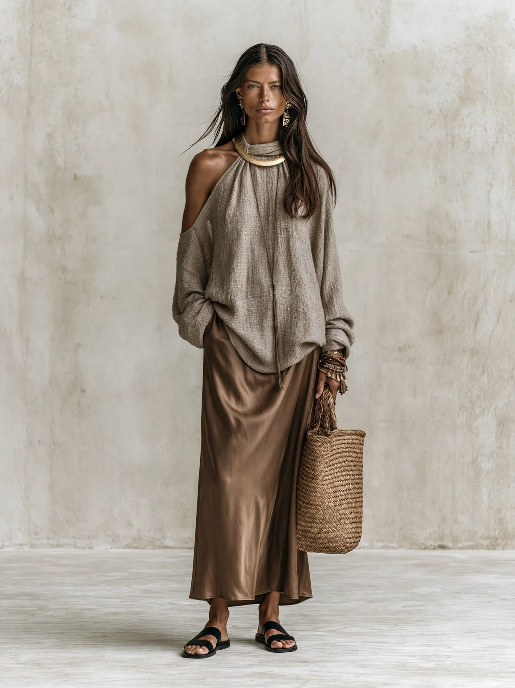 Effortless Chic Taupe Knit Sweater & Brown Satin Maxi Skirt Set