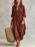 Women's Plaid Pattern Art Stylish Cotton Linen Maxi Dress