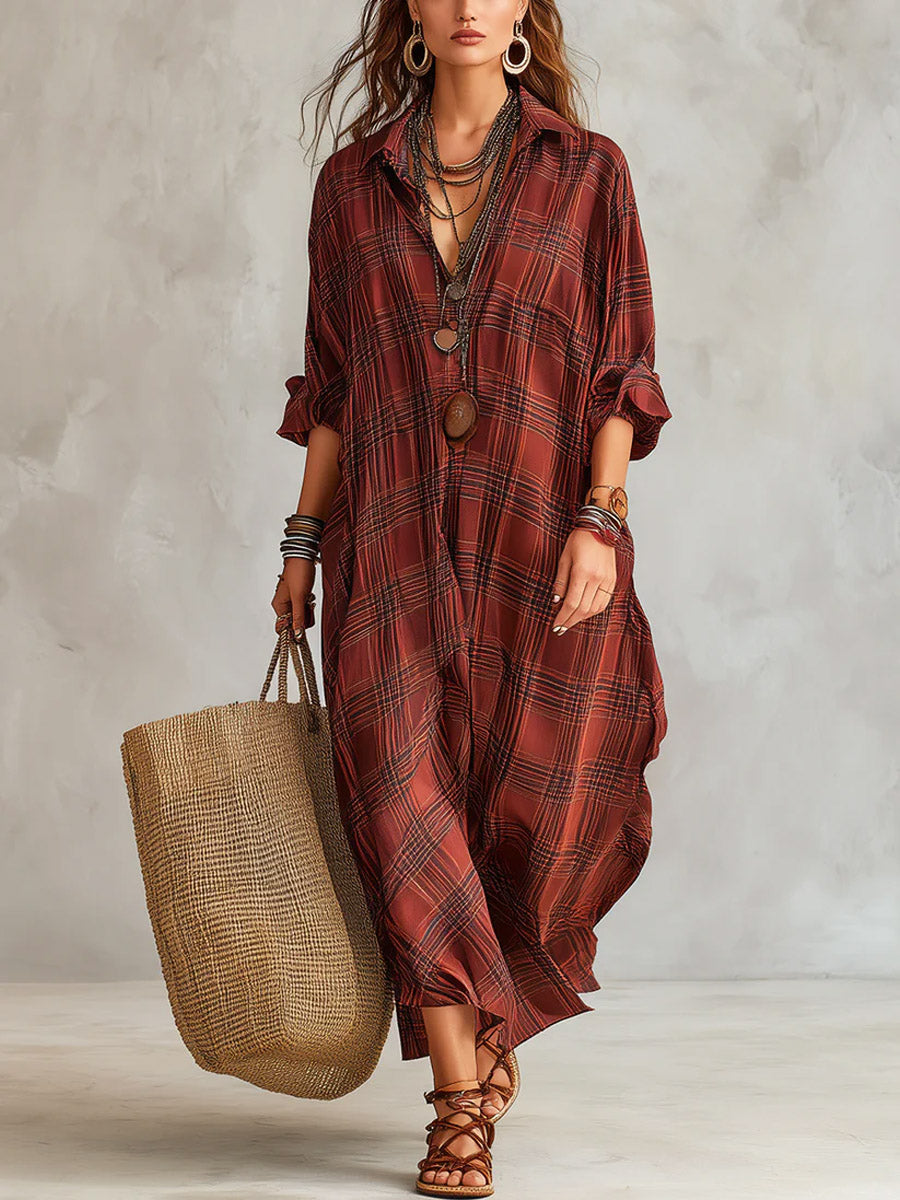 Women's Plaid Pattern Art Stylish Cotton Linen Maxi Dress