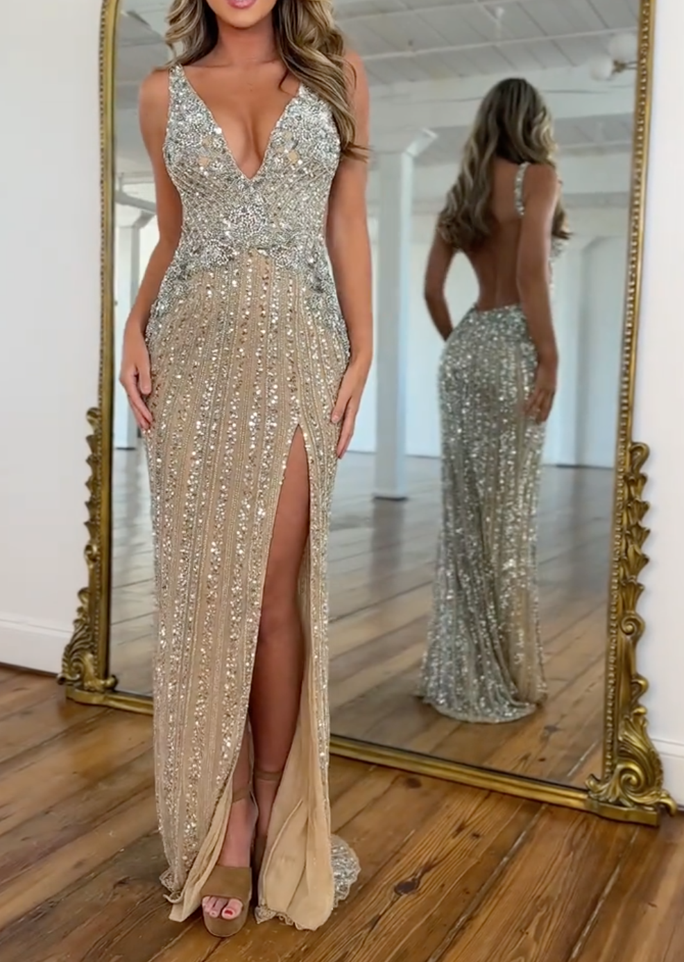 Charming Gold Sequins Spaghetti Strap Sleeveless V Neck Long Prom Dress with Split