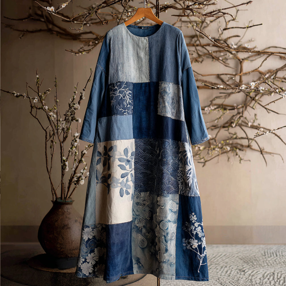 Japanese Style Plant Printed Patchwork Retro Tie-dyed Round Neck Dress