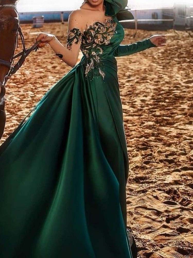 Party See-Through Long Sleeves Embroidered Applique Split-Side Maxi Dresses
