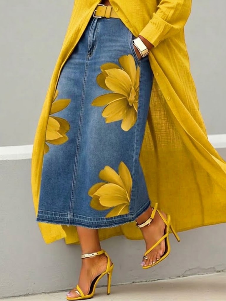 Casual Artistic Floral-print Denim Skirt