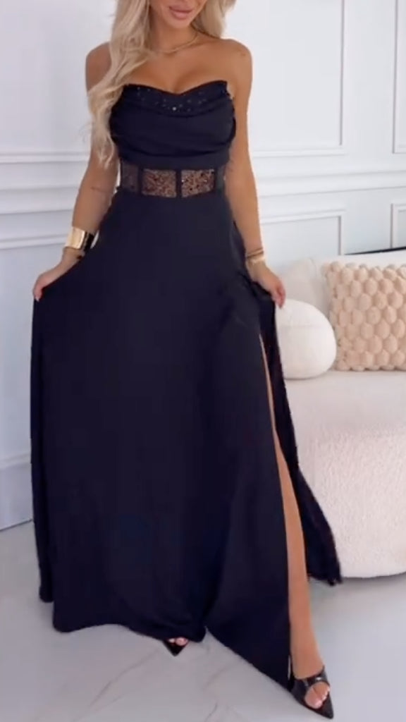 Black Strapless Lace Maxi Dresss