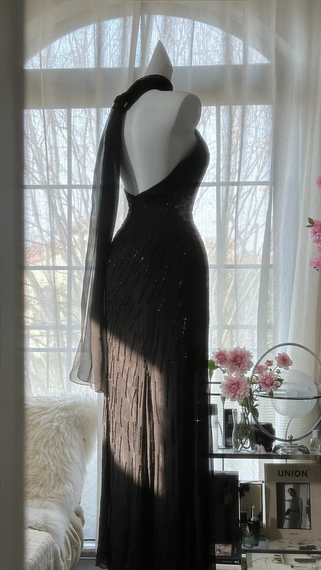 Black Shiny Vintage Elegant Romantic Delicate Pink Floral Beading Long Chiffon Homecoming Ball Gown Evening Dress Birthday/Wedding Guest/Holiday Party Dress Prom Dress 4025
