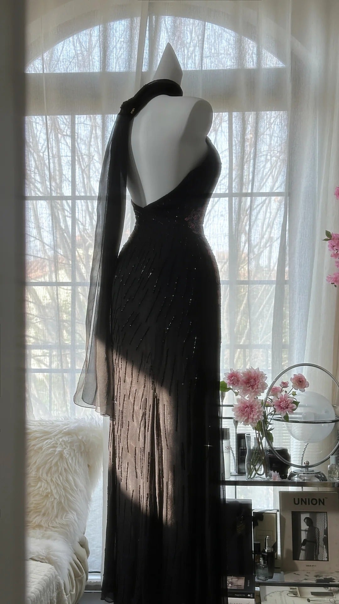 Black Shiny Vintage Elegant Romantic Delicate Pink Floral Beading Long Chiffon Homecoming Ball Gown Evening Dress Birthday/Wedding Guest/Holiday Party Dress Prom Dress 4025