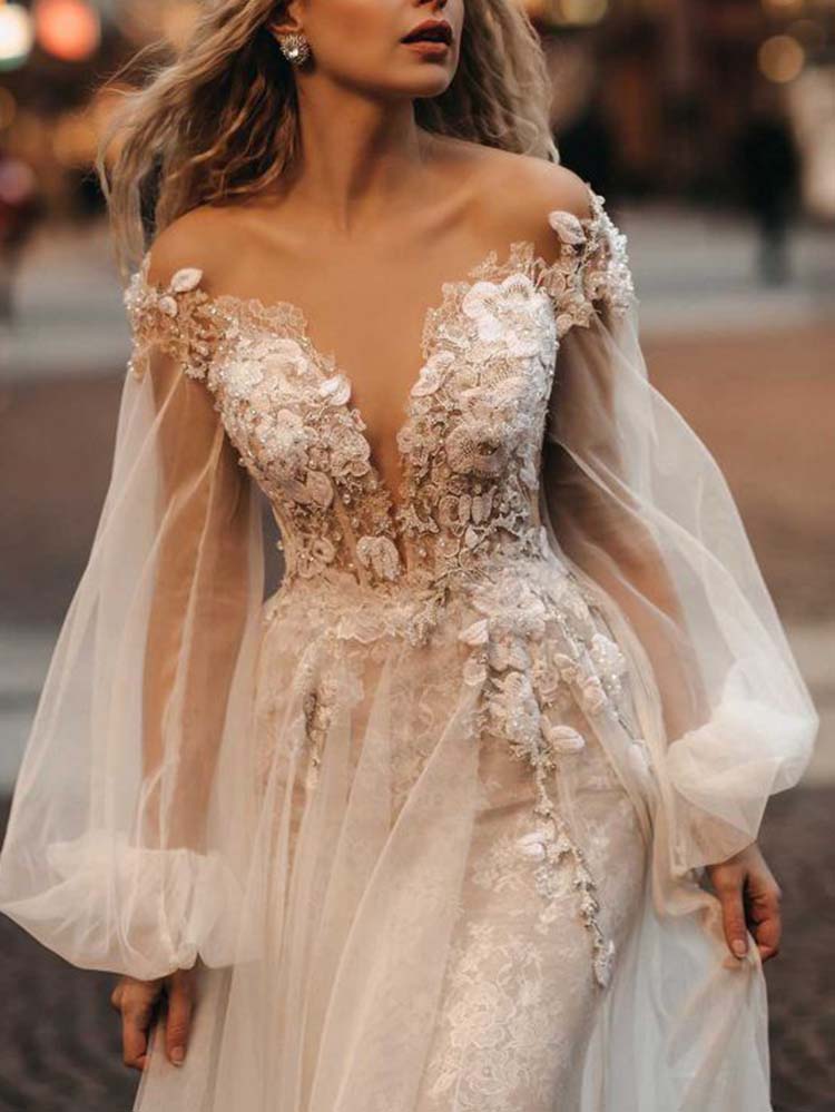 White Puff Long Sleeves Flower-Embellished See-Through Boat Neck Maxi Dresses