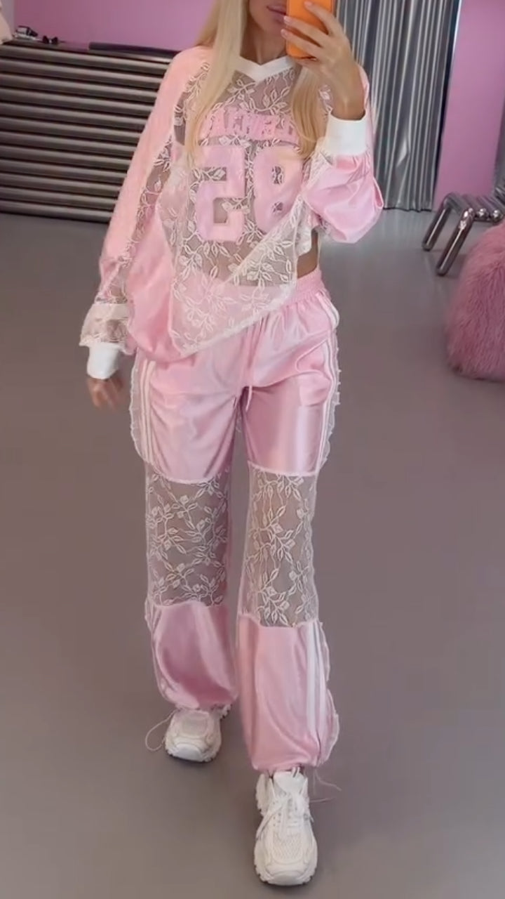 Lace & Satin Patchwork Two-Piece Tracksuit