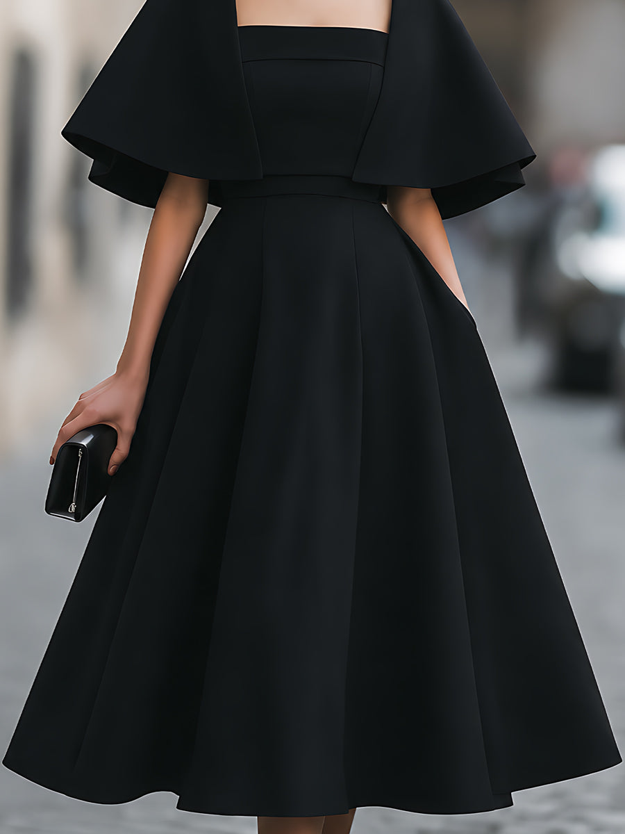 Cape-Overlay Square-Neck A-Line Midi Dress