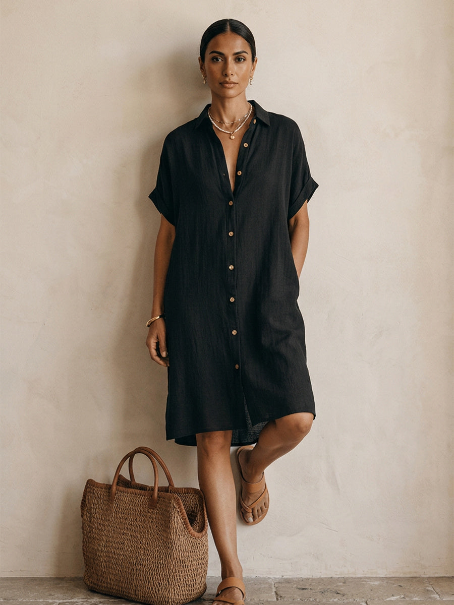 Modern Boho Effortless Black Linen Relaxed Midi Dress