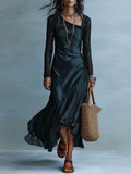 Elegant Vacation Noir Lace Detail Asymmetrical Hem Midi Dress