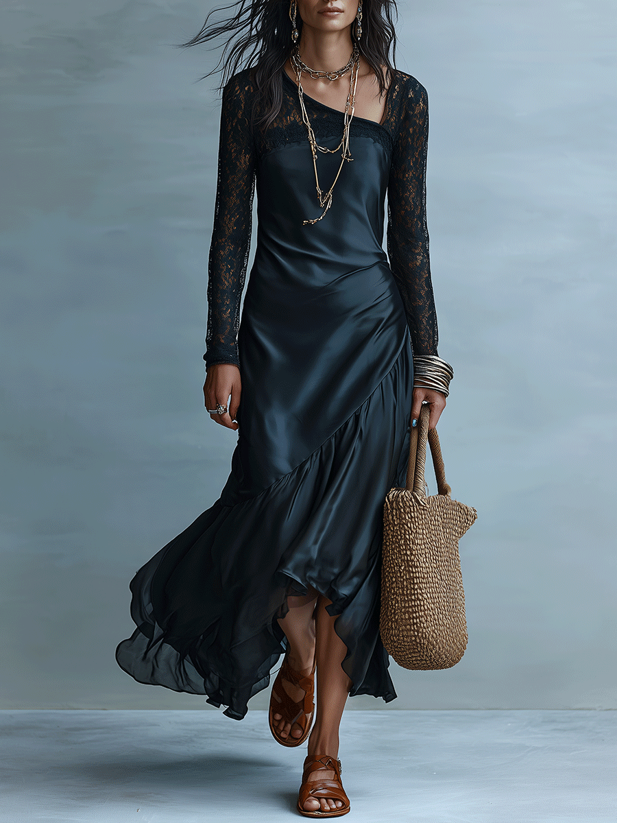 Elegant Vacation Noir Lace Detail Asymmetrical Hem Midi Dress
