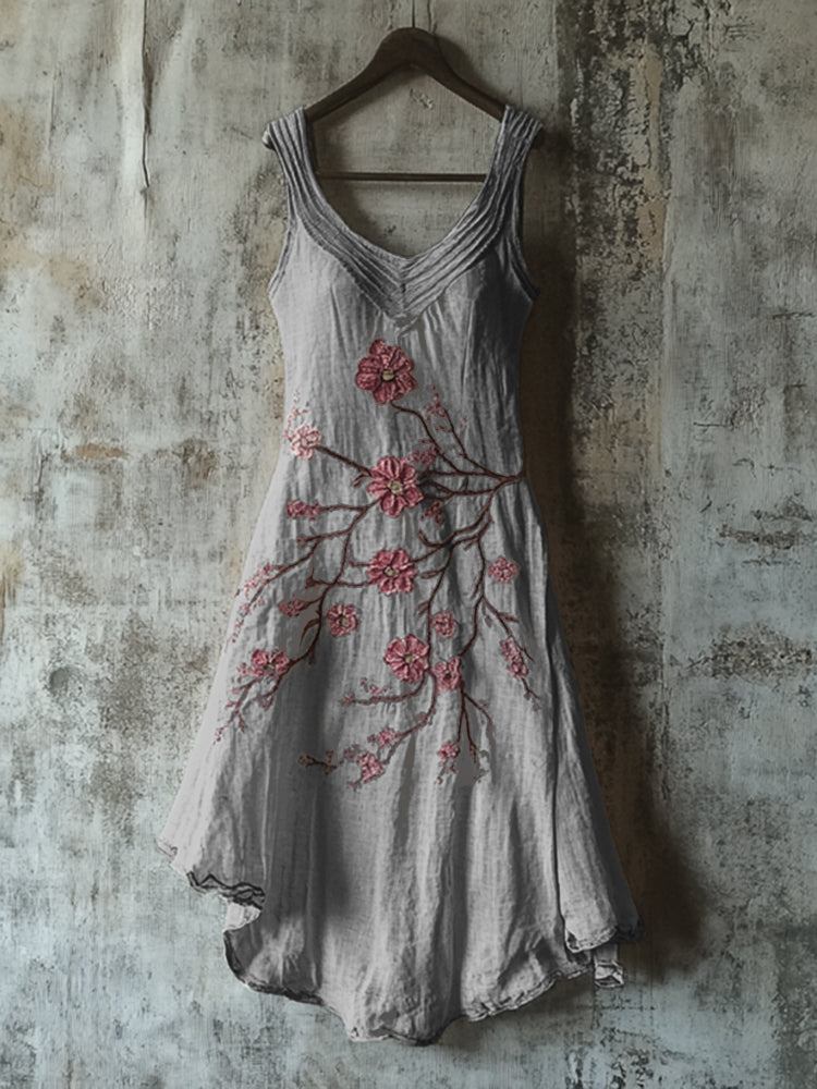Vintage Celtic Knot With Cherry Blossoms Pattern Linen Tank Dress