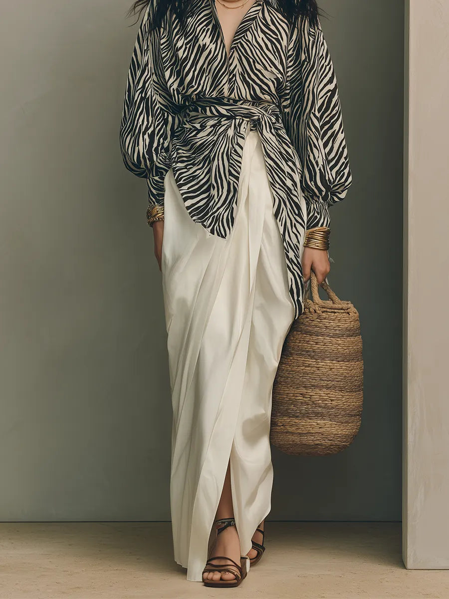 Elegant Zebra Print Wrap Blouse & Ivory Draped Skirt Set
