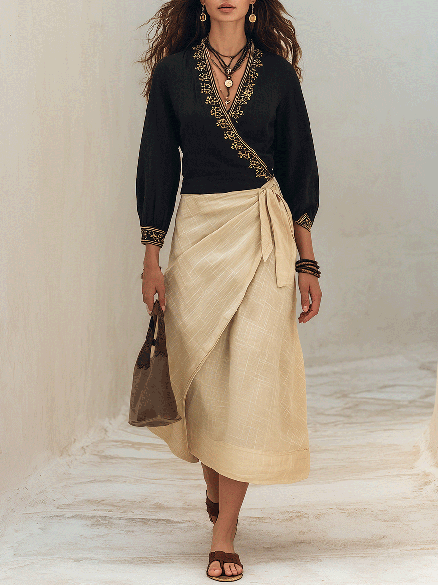 Bohemian Chic Embroidered Black Top & Linen Wrap Beige Maxi Skirt Set