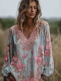 Bohemian Retro Countryside Style Plant Flower Design Cotton And Linen Women's Long-sleeve Shirt