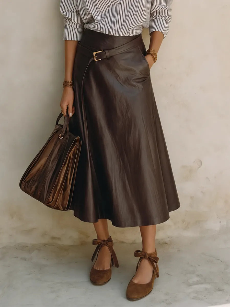 Effortless Office Stripe Shirt & Faux Leather Midi Skirt Set
