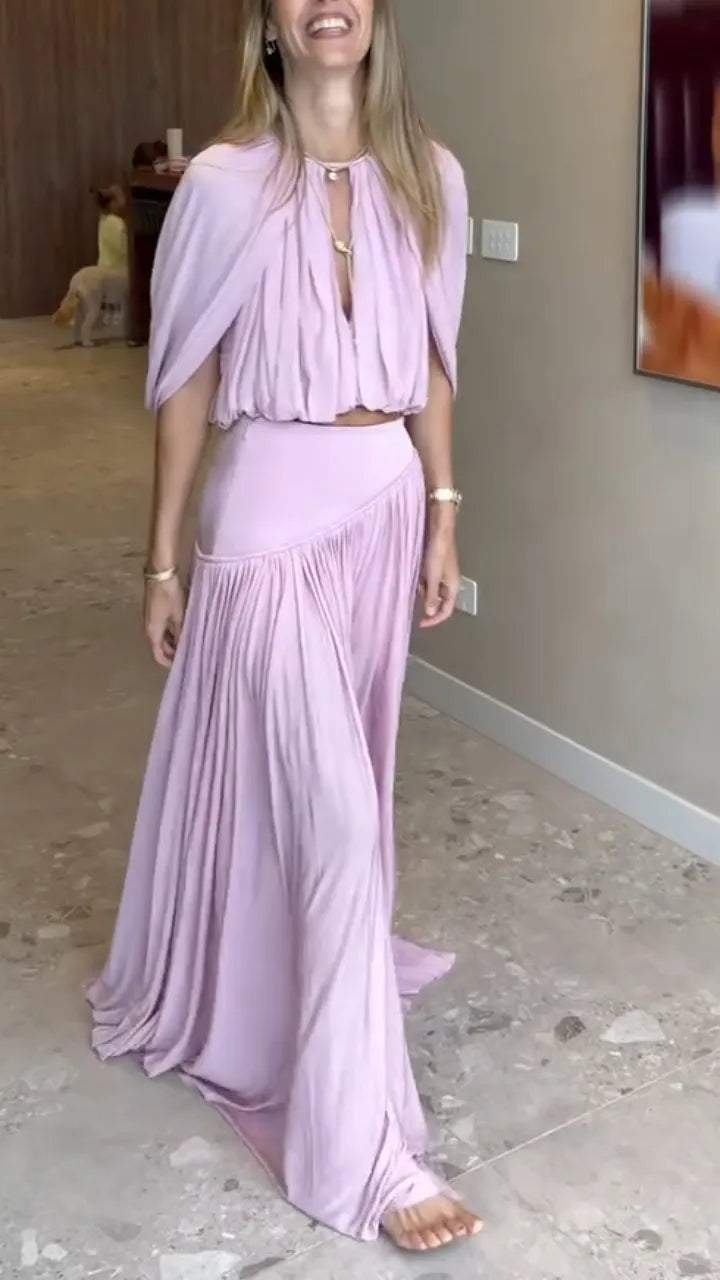 Halter Neck Crop Top & Asymmetrical Pleated Maxi Skirt Set