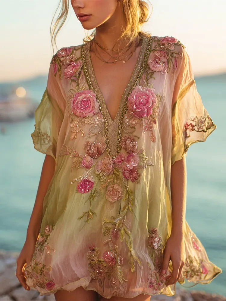 Vintage Boho Floral Embroidery Gradient Women's V-neck Loose Mini Dress