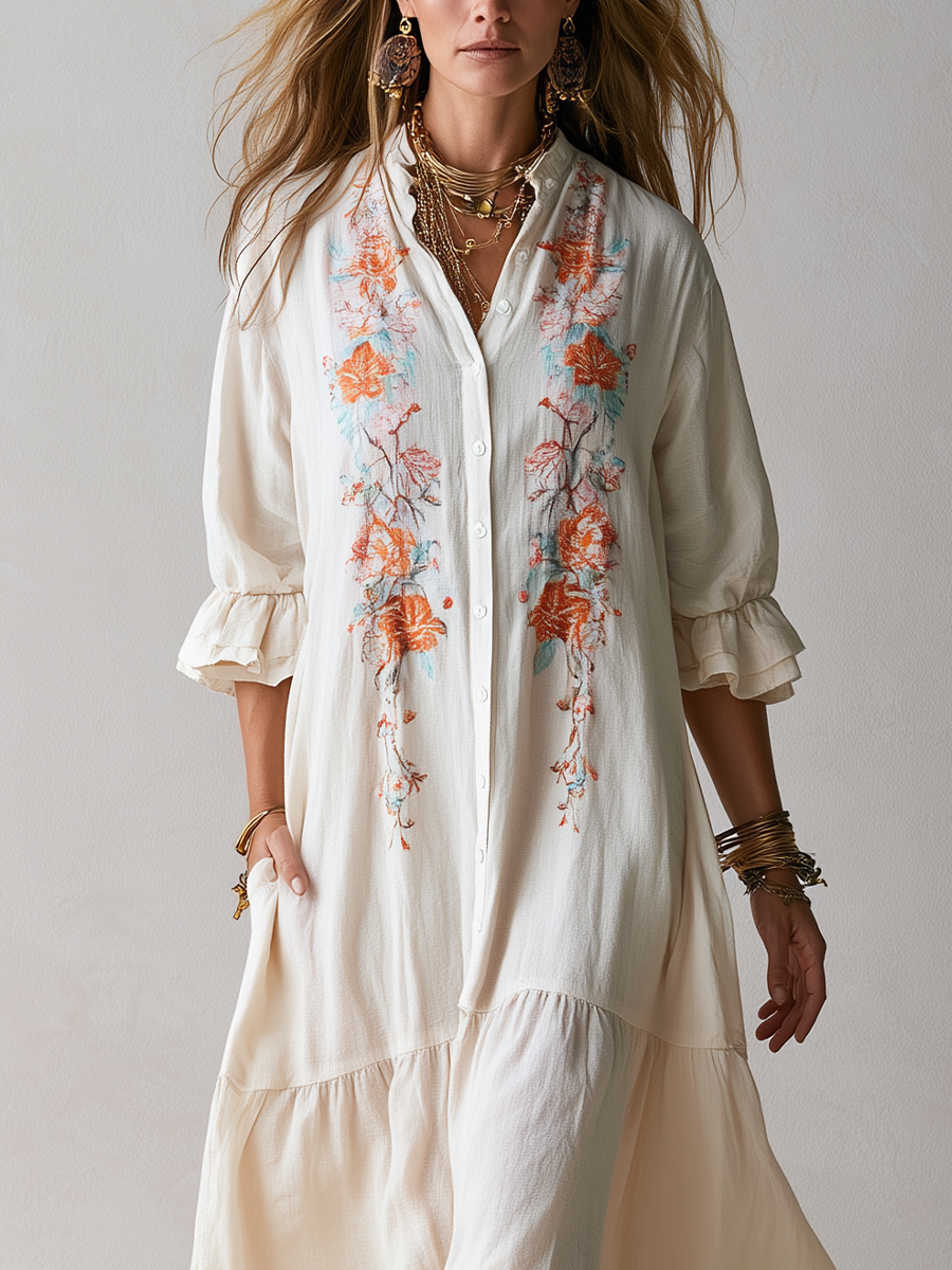 Bohemian Floral Embroidered Ruffle Sleeve Dress