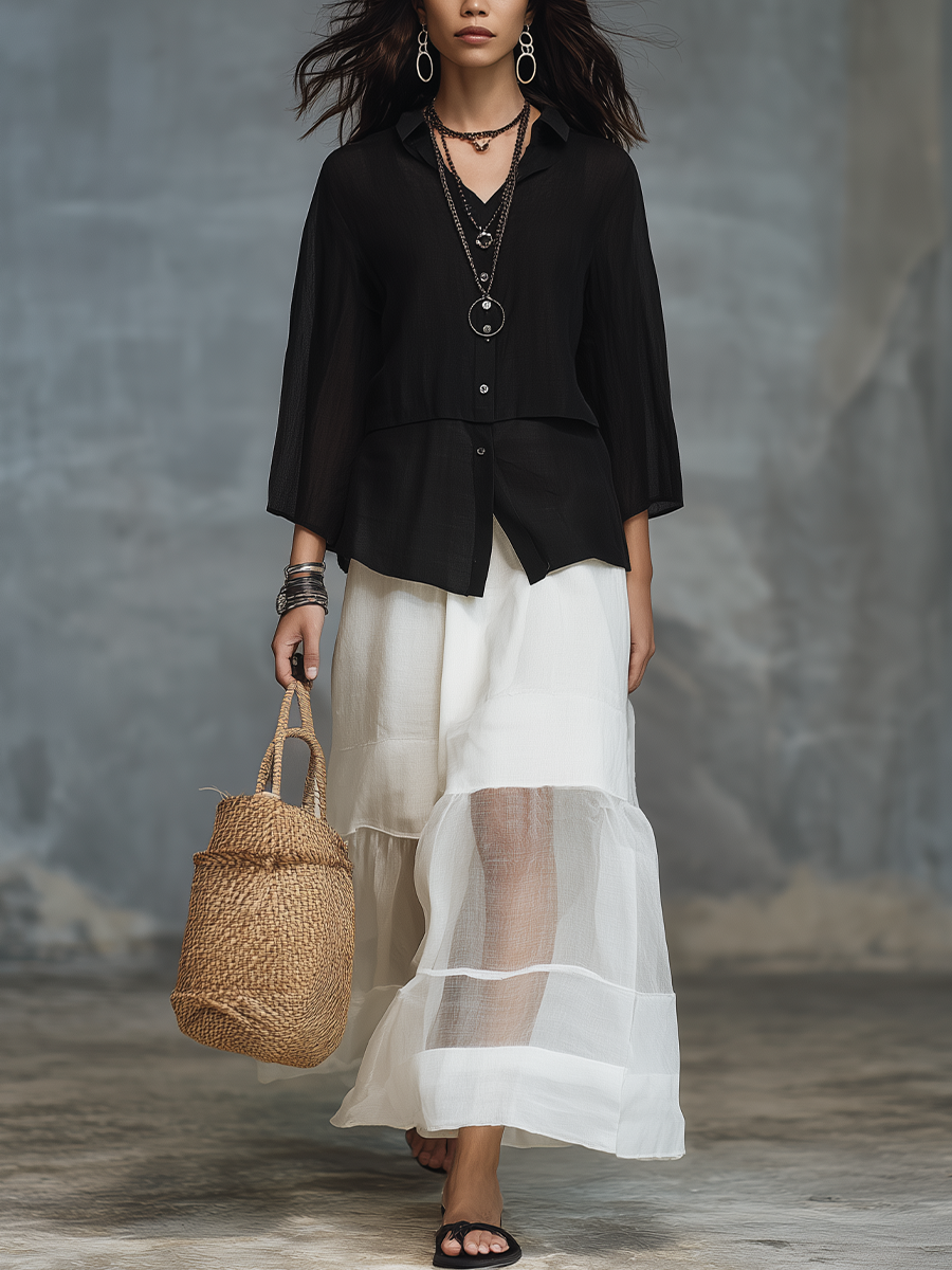 Minimal Black Sheer Layered Top & Skirt Set