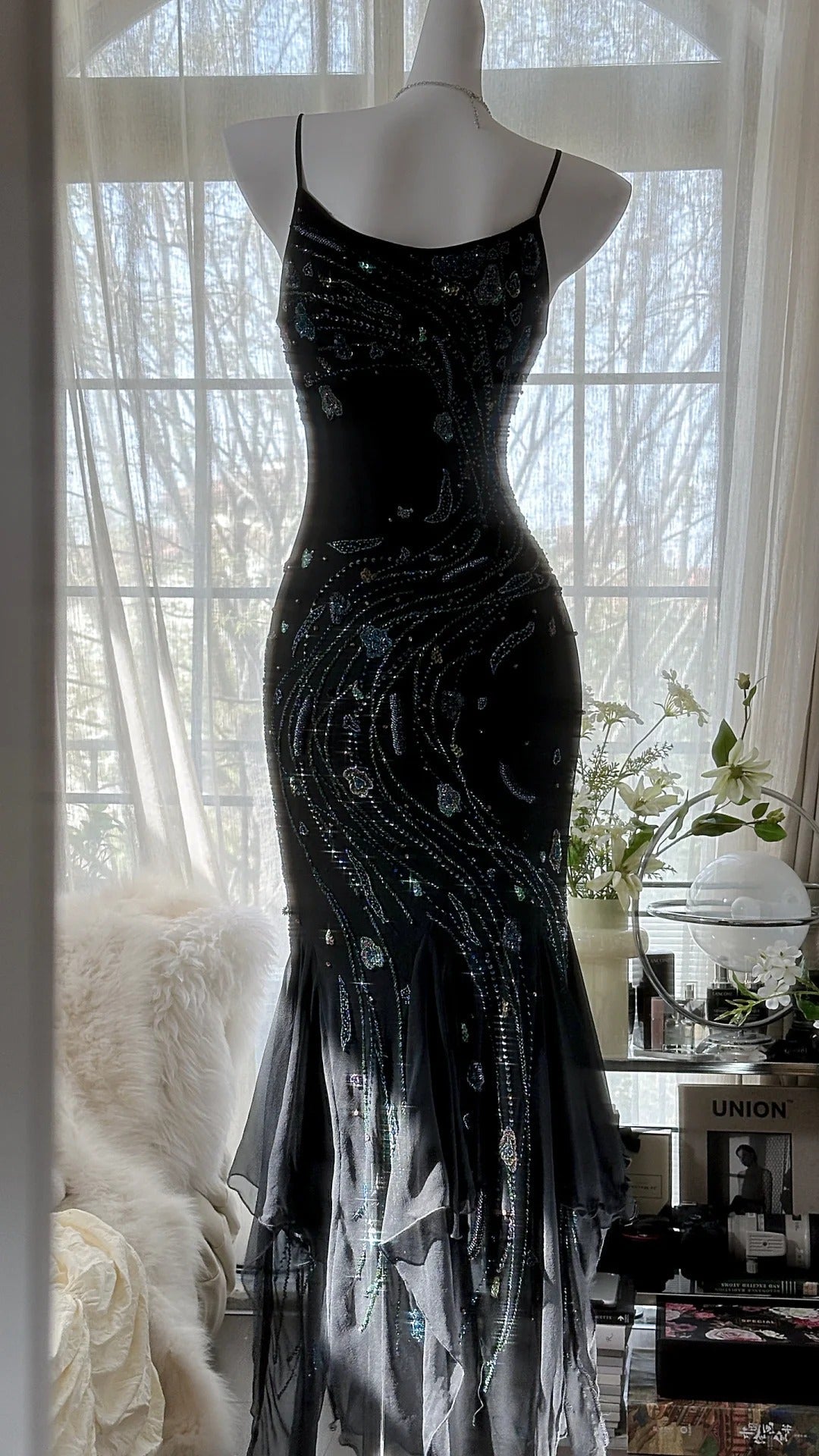 Black Shiny Luxury Gorgeous Exquisite Beaded Long Mermaid Mermaid Dress Chiffon Fairy Ball Dress Evening Dress Wedding Guest Party Dress Prom Dress Date Dress Graduation Dress 3992