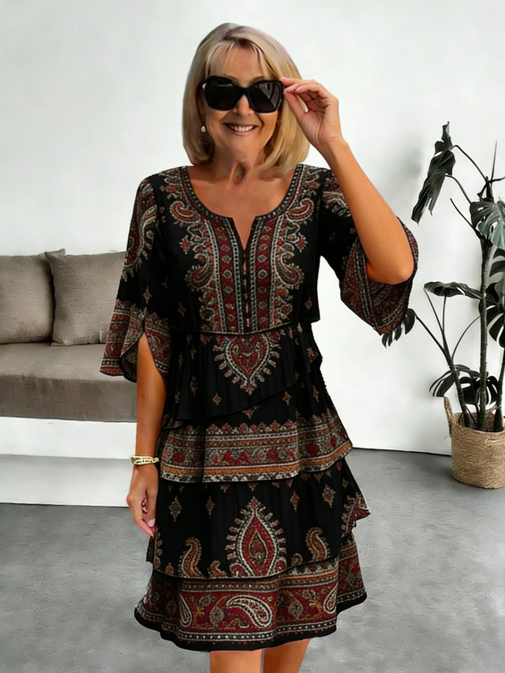 Chiffon Vacation Prints Color Round Neck Cake Skirt Splicing Dress Mid-length