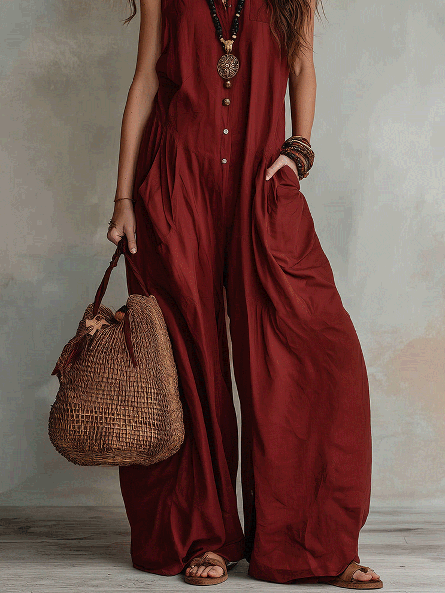 Effortless Boho Sleeveless Wide-Leg Brick Red Jumpsuit
