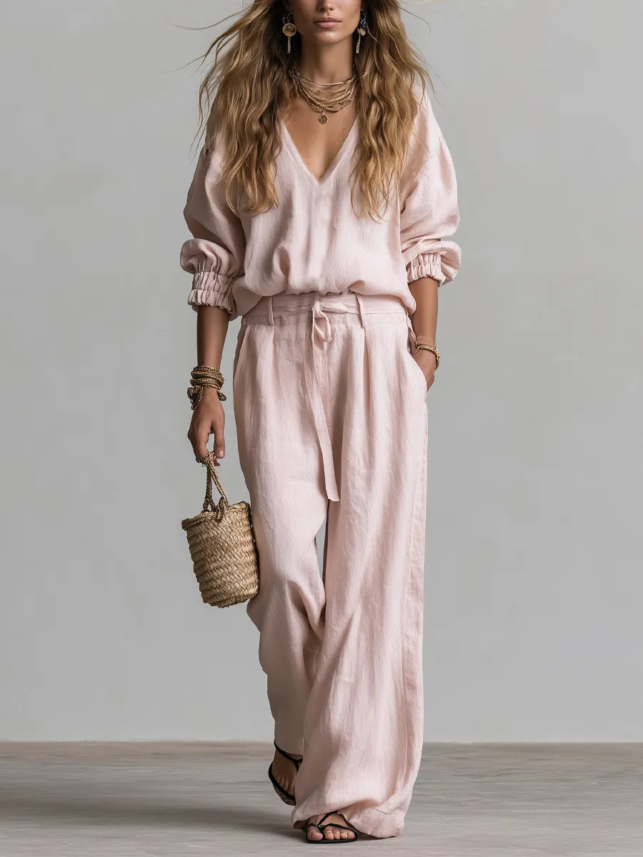 Bohemian Pink Linen Pants Suit