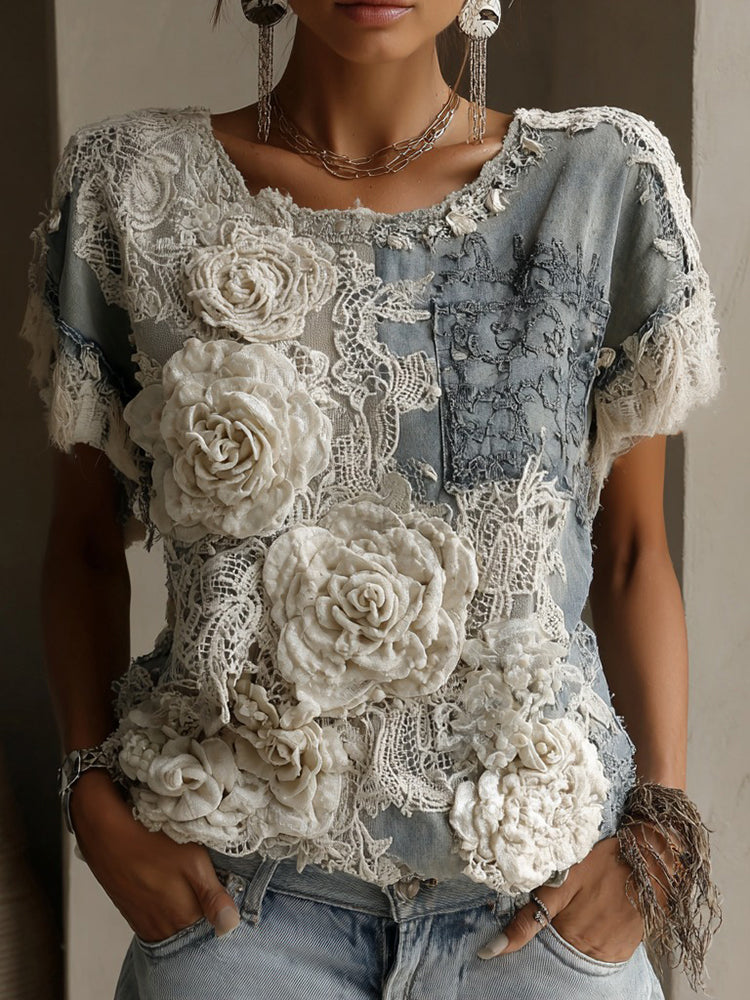 Women's White Rose Paneled Denim Linen T-shirt