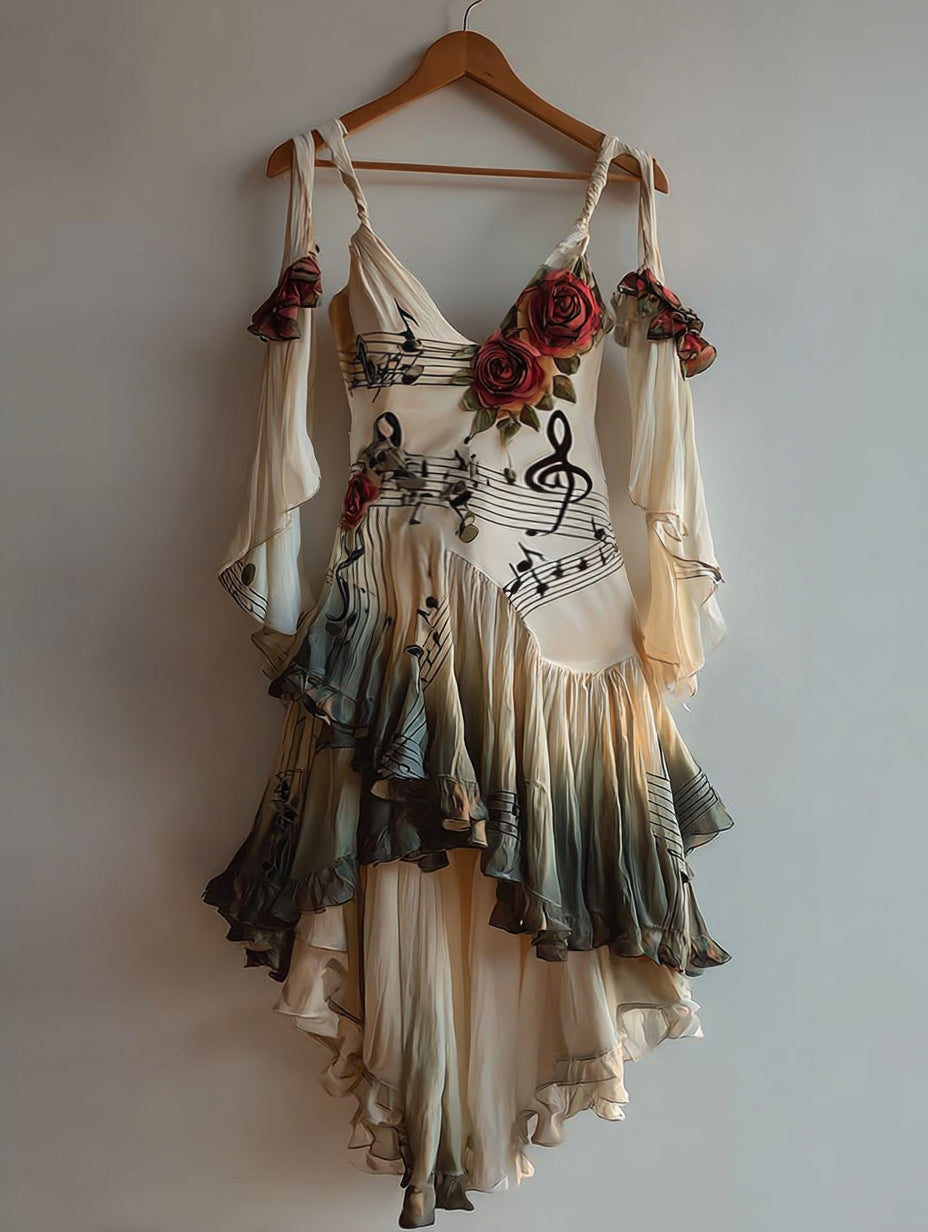 Retro Elegant Music Theme Irregular Stitching Dress dd94