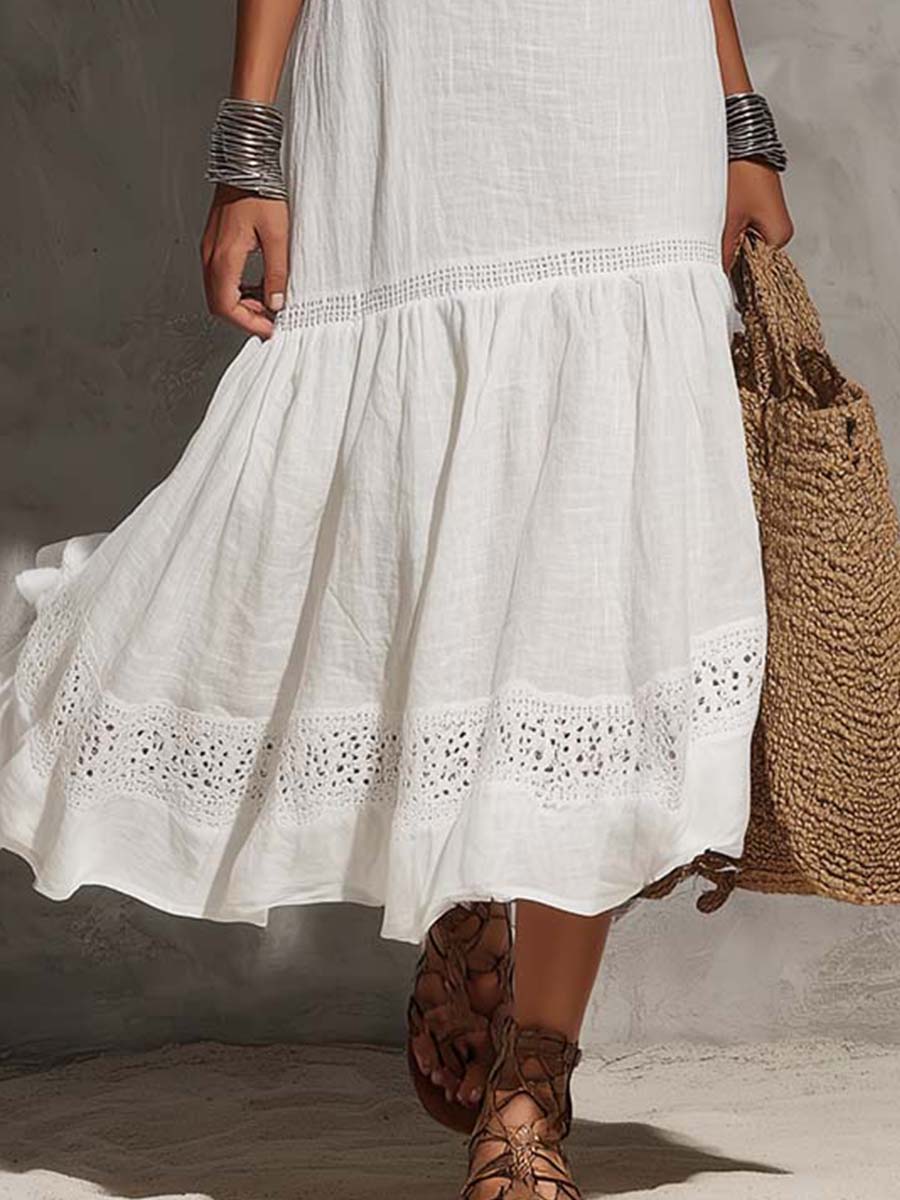 Boho Spaghetti-strap Lace Trim Cotton-linen Midi Dress+