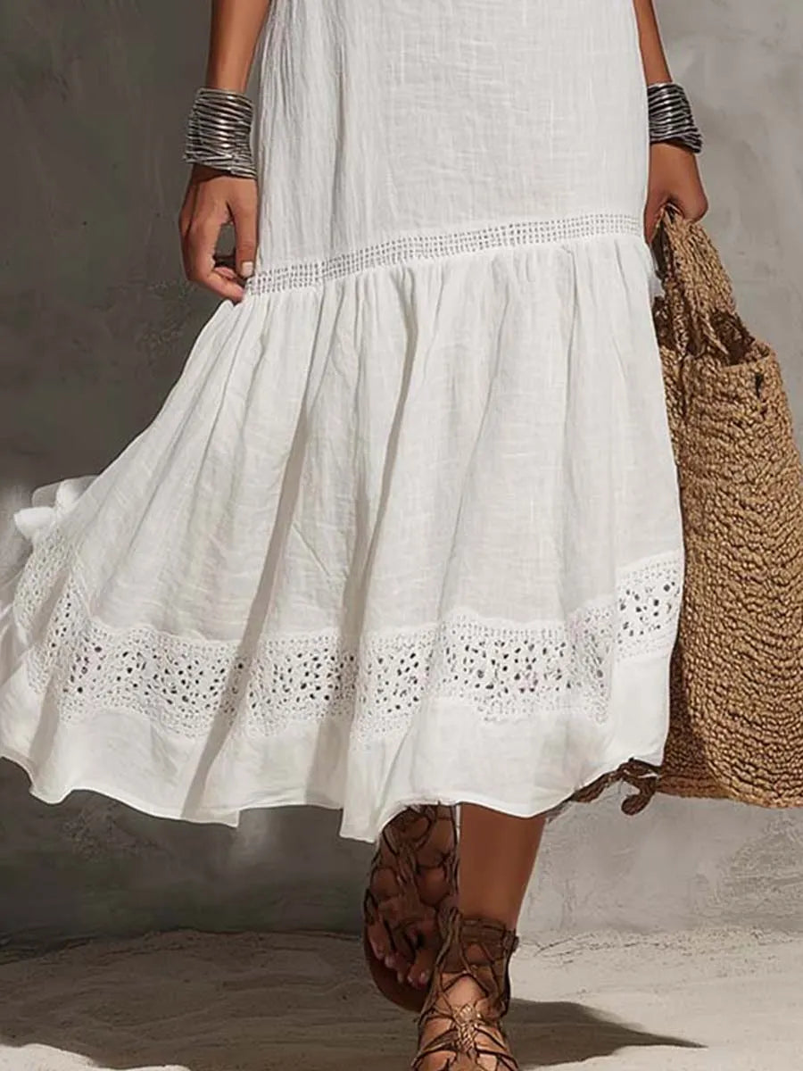 Boho Spaghetti-strap Lace Trim Cotton-linen Midi Dress+