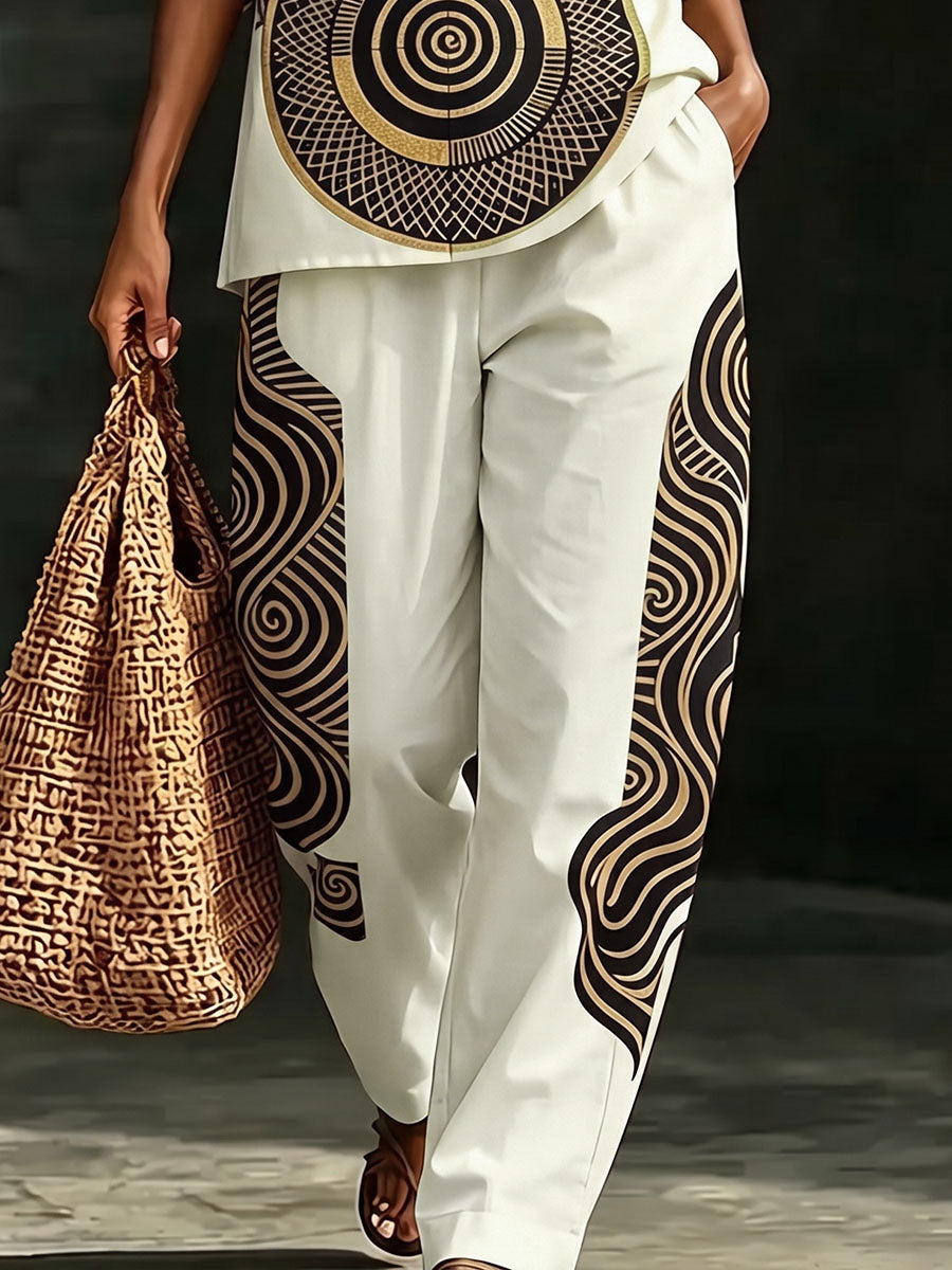 Printed Pockets Elasticity Contrast Color Wide Leg Loose Trousers Pants