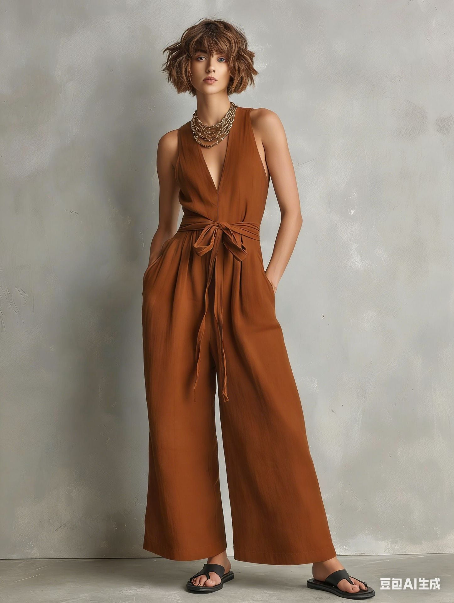 Gurtons Elegant Waist-Knot Jumpsuit - Sleeveless Wide-Leg One-Piece Quiet Luxury Set