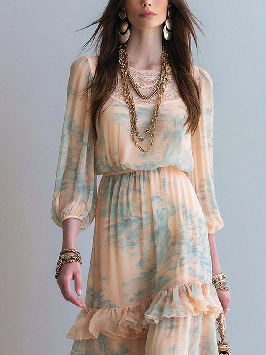 Bohemian Apricot Ruffled Maxi Dress