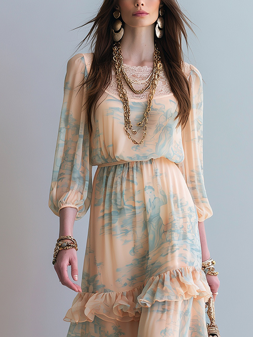 Bohemian Apricot Ruffled Maxi Dress