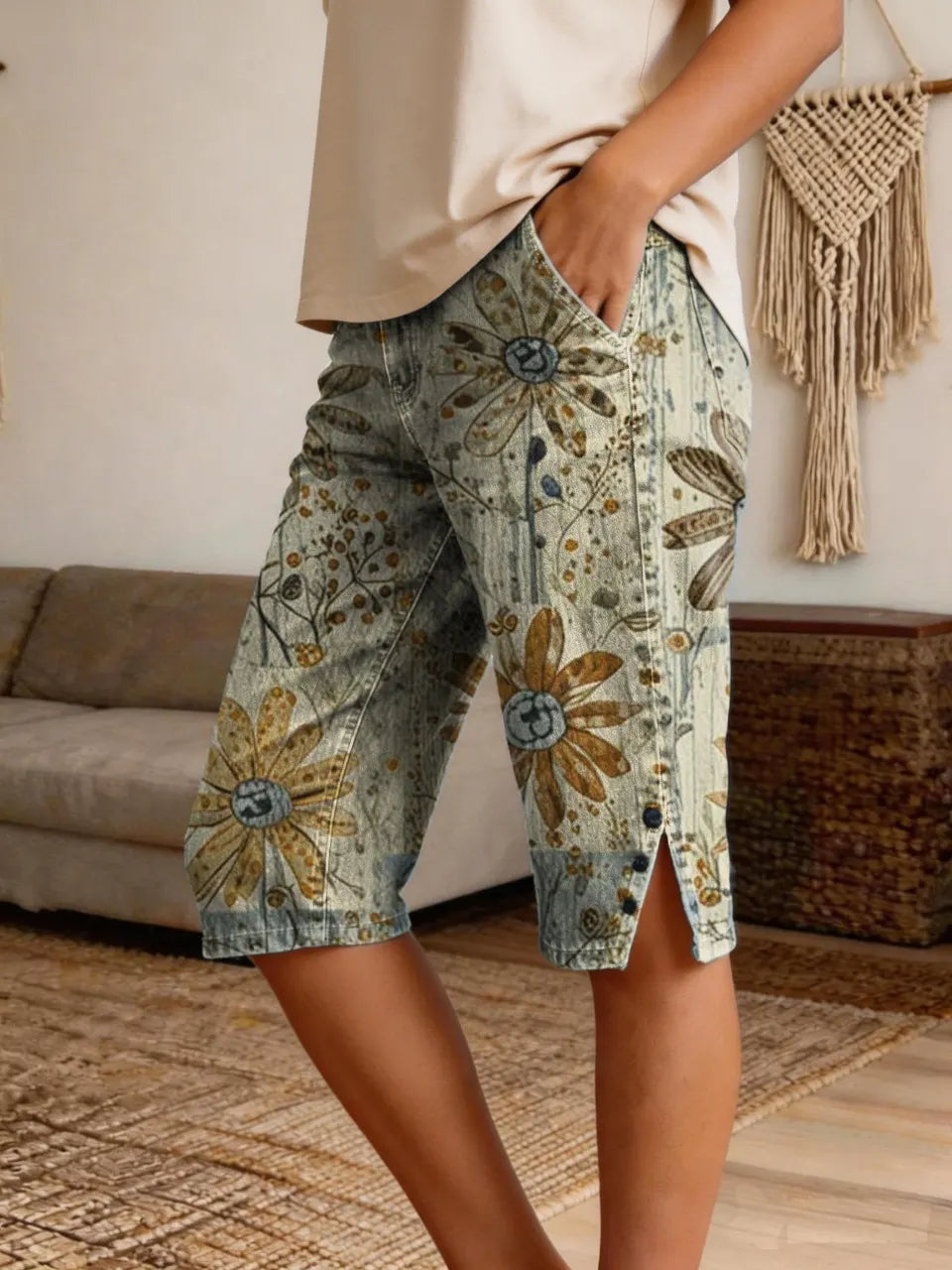 Women's Retro Bohemian Patchwork Floral Art Print Casual Denim Shorts