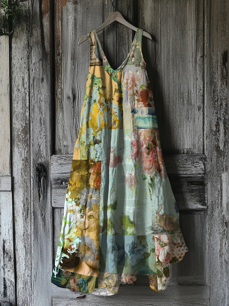 Vintage Floral Art Linen Blend Tank Midi Dress fc78